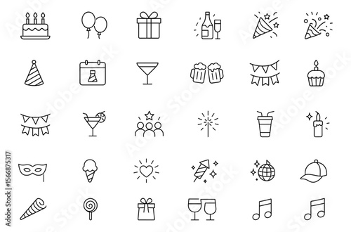 Festive Birthday Party Icon Set | Vector Celebration Graphics | Cake, Balloons, Gift, Champagne, Confetti, Party Hat, Calendar, Cheers, Decorations, Drinks, Fun, Joyful Event Icons
