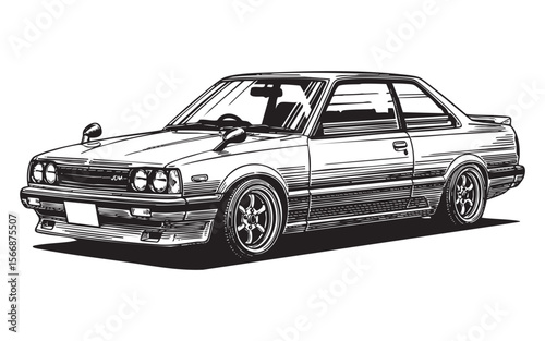 Classic Japanese Sports Car Vector Engraving Illustration