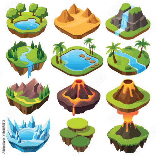Collection of nine isometric floating islands with diverse natural landscapes