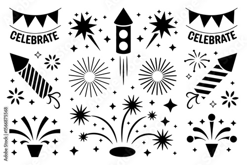 Hand drawn celebration icons, black and white party elements, fireworks, garlands, confetti, festive vector illustration
