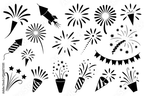 Minimalist firework and party popper icon set, black and white celebration elements, festive vector, holiday design