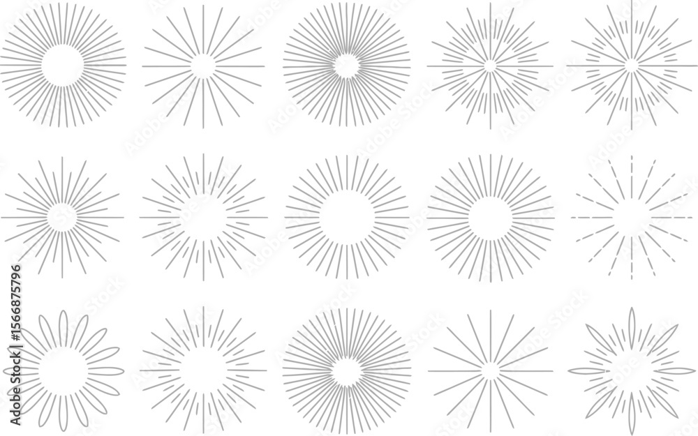 Monochrome sunburst icon collection, abstract starburst shapes, retro burst elements, vintage vector, decorative celebration design