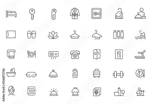 Hotel Amenities Vector Icon Set | Adjustable Line Weight | Bed, Safe, Key, Robe, Pool, Spa, Slippers, Pillow, Room Service, Comfort, Dining, Hanger, Luxury Icons, Travel, Resort, Reservation,