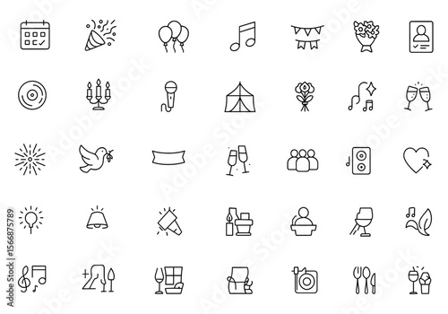 Celebration & Event Planning Icon Set | Vector Illustration with Adjustable Line Weight | Party, Festival, Balloons, Music, Decoration, Microphone, Organizer, Anniversary, Wedding