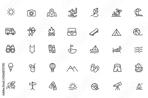 Adventure Summer Icon Set | Travel, Vacation & Outdoor Recreation | Camping, Beach, Surfing, Snorkeling, Photography, Yacht, Telescope, Leisure & Exploration Vector Icons,