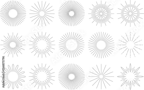 Monochrome sunburst icon collection, abstract starburst shapes, retro burst elements, vintage vector, decorative celebration design