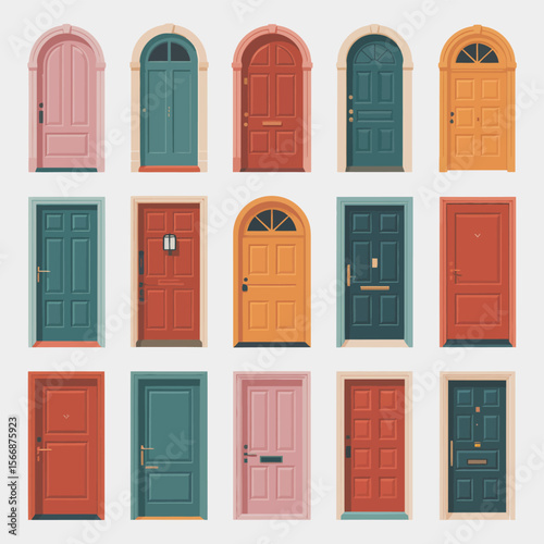 Collection of colorful arched and rectangular doors in a grid layout