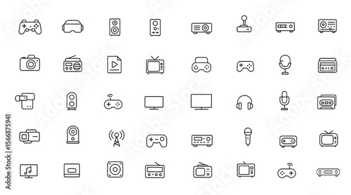 Home Entertainment Icon Set Vector | Retro media devices, game controller, VR headset, projector, stereo, joystick, amplifier, camera, radio, router, turntable, audio system, virtual reality