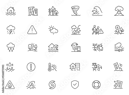 Disaster and Emergency Vector Icon Set | Adjustable Line Weight | Tornado, Flood, Earthquake, Wildfire, Tsunami, Volcano, Drought, Storm, Pollution, Hazard, Crisis, Climate, Landslide, Warning, Safety