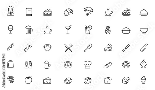 Adjustable Line Weight Restaurant Vector Icon Set – Chef, Menu, Cooking, Kitchen & Dining Icons for Food Service Branding, customizable food icon collection for restaurant menu design