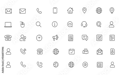 Contact us icon set with adjustable line weight, outline stroke, mail, phone, chat, message, consultation, location, global, user, online, form, call center, electronic mail, send, write,