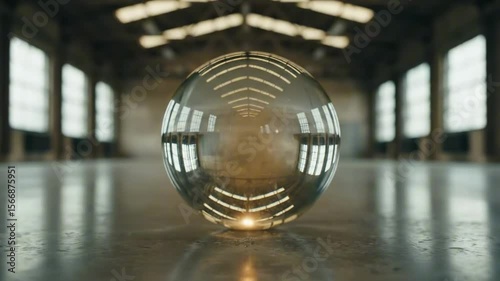 A reflective glass sphere positioned centrally on a polished concrete floor within an expansive industrial space, with large windows allowing natural light to illuminate the surroundings