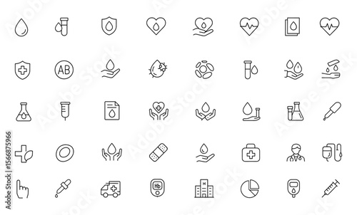 Blood drop and health icon set vector with adjustable line weight – includes donation, transfusion, shield, report, care, blood type, heart rate, protection, clinical analysis, laboratory, safety