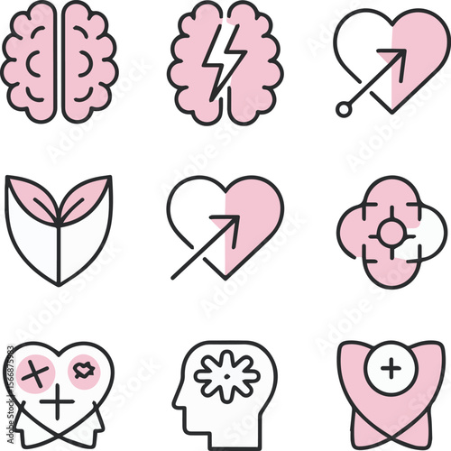 "Editable Mental Health Icons – Brain, Heart, Stress, Depression, Therapy Vector Set"