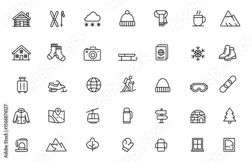 Cozy Winter Vacation Icon Set | Vector Line Art | Cabin, skis, scarf, mittens, fireplace, mountain lodge, sled, camera, socks, travel gear, snowflake, adventure icons, outdoor