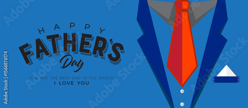 Father’s Day Banner with Arched “HAPPY FATHER’S Day” in Vintage Black Font, Loving Message Below, and Flat Cartoon Style Blue Suit with Red Tie on Light Background for Celebratory Use
