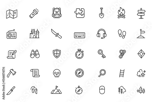 Adventure Vector Icon Set for Games | Adjustable Line Weight | Includes Map, Backpack, Flashlight, Treasure, Puzzle, Shovel, Fire, Camera, Radio, Castle, Knife, Keyboard, Headset, Logic