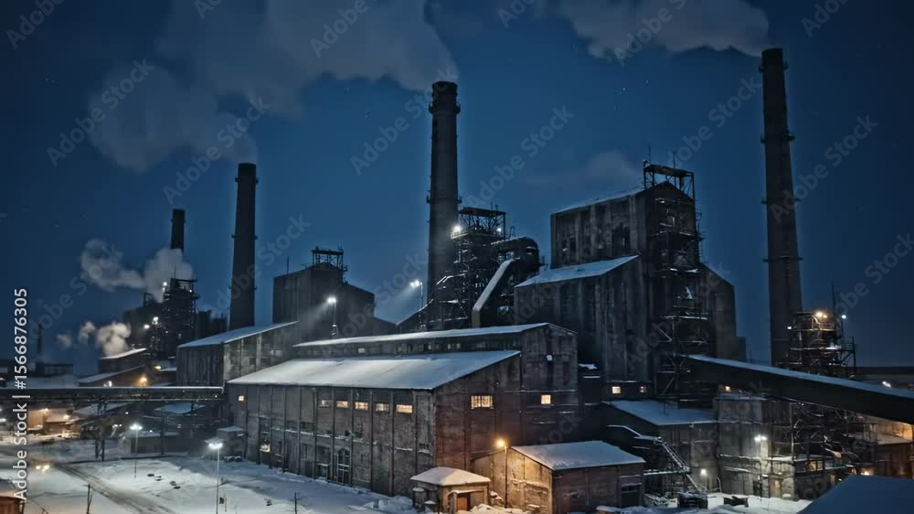 Industrial landscape at night showcasing large smokestacks and factory buildings covered in snow, with steam rising in the background under a starry sky, reflecting a cold, winter atmosphere Industrial landscape at night showcasing large smokestacks and factory buildings covered in snow, with steam rising in the background under a starry sky, reflecting a cold, winter atmosphere