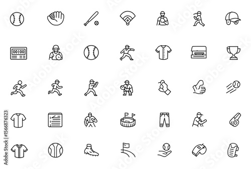 Baseball Icon Set Vector | Stadium, Glove, Bat, Helmet, Cap, Scoreboard, Pitcher, Catcher, Team, Cleats, Field | Adjustable Line Weight, Sport, Championship, Coaching, Victory, Fans, Umpire, Run