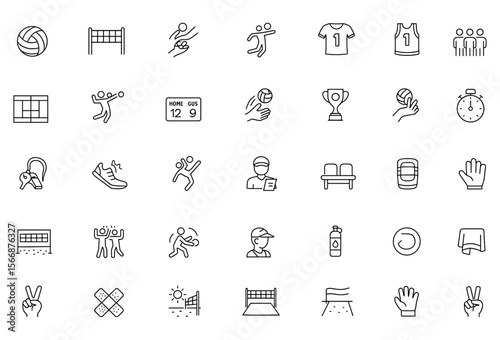 Volleyball Icon Set Vector | Adjustable Line Weight | Player, Ball, Net, Court, Spike, Team, Match, Coach, Trophy, Timer, Uniform, Bench, Audience, Serve, Game, Sports Icons