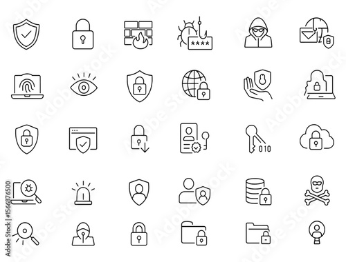 Vector Cybersecurity Icon Set with Adjustable Line Weight — Shield, Firewall, Padlock, Encryption, VPN, Privacy, Hacker, Password, Malware, Protection, Data, Internet Safety, Security