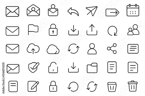 Vector Icon Set for Email Communication UI – Mail, Inbox, Message, Reply, Attachment, Folder, Calendar, User, Security, Archive, Contact Icons | Adjustable Line Weight, Modern Outline