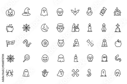 Spooky Halloween Icon Set | Vector Illustration with Adjustable Line Weight | Includes Pumpkin, Witch Hat, Ghost, Skull, Bat, Spider, Potion, Candy, Tombstone, Broomstick, Lantern