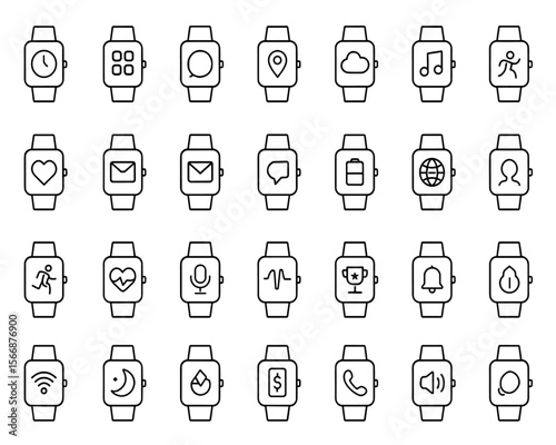 Vector Smartwatch Icon Set | Adjustable Line Weight | Fitness, Health, GPS, Notifications, Music, Time, Chat, Mail, Modern Digital Wearable Tech Icons