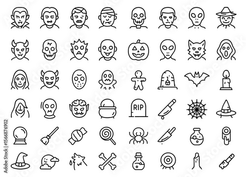Spooky Halloween Vector Icon Set | Adjustable Line Weight | Witch, Vampire, Zombie, Mummy, Skeleton, Ghost, Scarecrow, Monster, Clown, Pumpkin, Werewolf, Alien Icons,