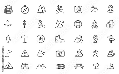Outdoor Hiking and Trail Icon Set | Adjustable Line Weight Vector | Backpack, Compass, Tent, Mountain, Forest, Map, Navigation, Campfire, Travel, Adventure, Trekking, Exploration Icons