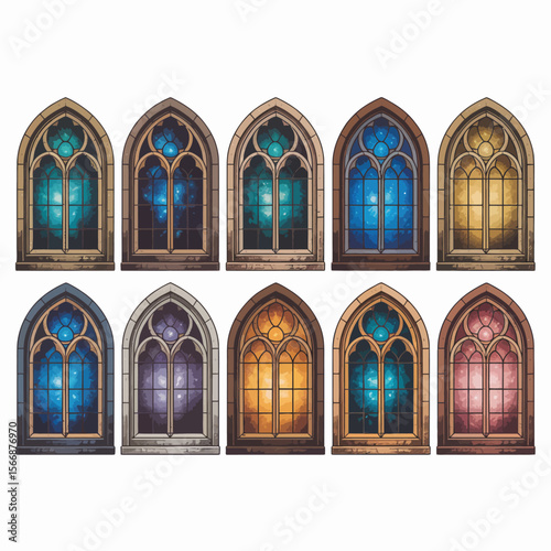 Collection of gothic arched windows with colorful celestial stained glass designs