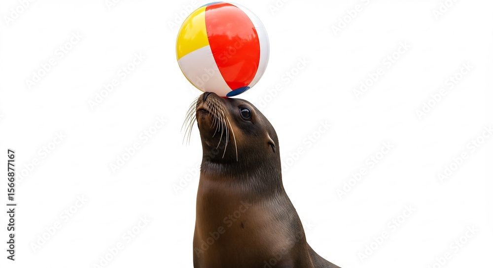 Fototapeta premium 明るい光の中で アザラシが上手にボールをバランスする. AI Generated