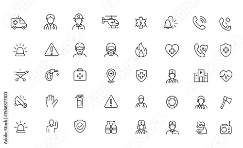 Emergency Vector Icon Set with Adjustable Line Weight — Ambulance, Paramedic, Firefighter, Police, Rescue, Medical, Siren, Alarm, Safety, Healthcare, Hazard, First Response, Urgency