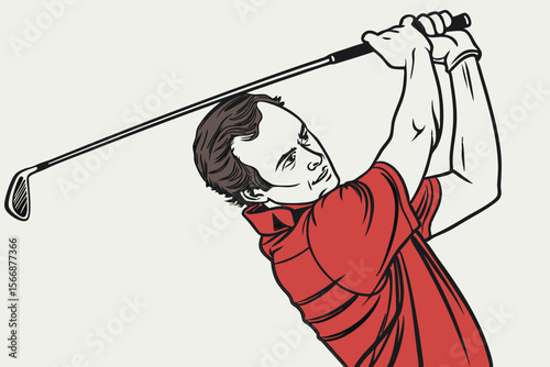 Man golfing red shirt swing golfer golf club