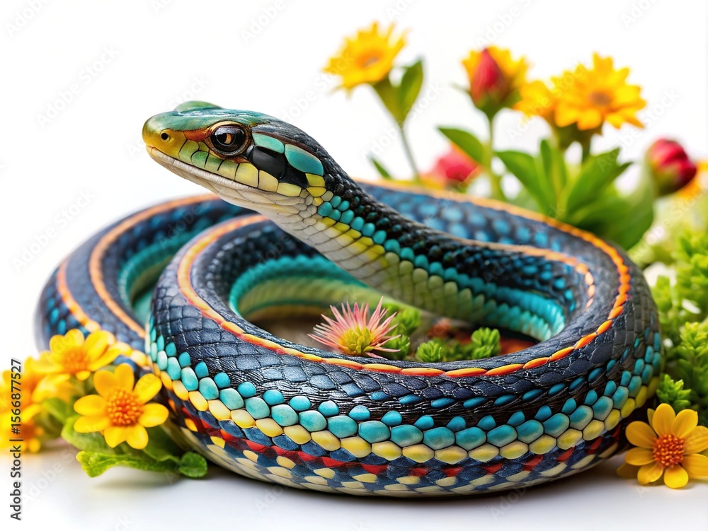 Fototapeta premium Three striking hornbills perched on a branch against a bright white background