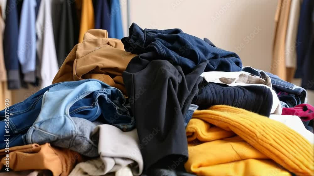 Untidy pile of clothing in a walk-in closet. Jeans, sweaters, shirts, and hoodies in disarray create a cluttered scene for laundry day.