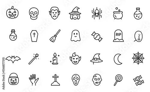 Spooky Halloween Icon Set with Adjustable Line Weight — Vector Pumpkins, Skulls, Witches, Vampires, Ghosts, Cauldrons, Brooms, Coffins & More Festive Symbols Illustration