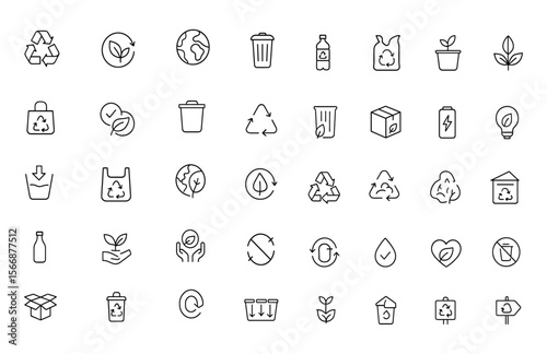 Eco Recycling Icon Set Vector | Sustainability & Reuse Symbols | Waste, Plastic, Paper, Bin, Trash, Green, Biodegradable, Conservation, Environment, Compost, Energy, Zero Pollution