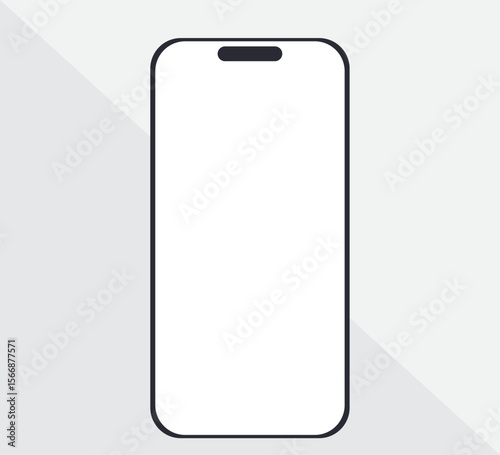 Minimal Flat Mockup of Smartphone with Blank White Screen on Light Gray Background, Vertical Black Line Art Featuring Notch and Subtle Shadow for App and Tech Designs