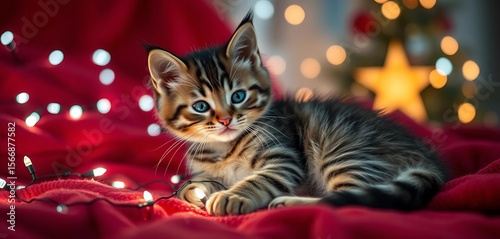 Tabby kitten batting fairy lights on red blanket, cozy festive scene, interior, decor