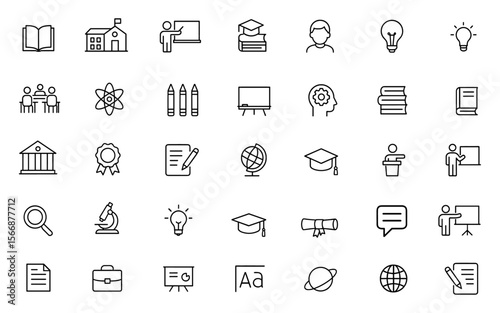 Academic Education Icon Set Vector | Learning, School, Teaching, Classroom, Student, Science, Training, Books, Lecture | Adjustable Line Weight Illustration, Knowledge, University, Study