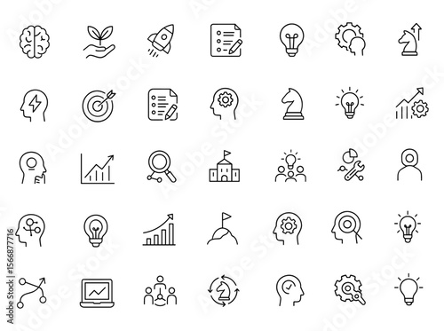 Creative Innovation & Progress Icon Set Vector | Adjustable Line Weight | Brainstorm, Startup, Strategy, Growth, Idea, Research, Development, Planning, Rocket, Productivity, Teamwork
