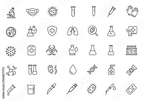 Microscope & Laboratory Vector Icon Set | Biology, Research, Health, Science, Test Tube, Petri Dish, Syringe, Mask, Gloves, Germs, Experiment, Medical, Diagnostic, Scientific
