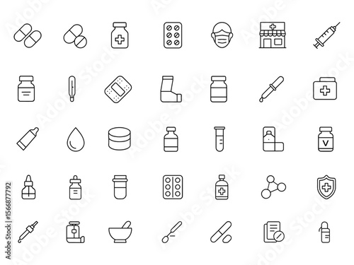 Adjustable Line Weight Pharmacy Vector Icon Set | Medicine, Pills, Prescription, Health Care, Syringe, Capsule, Bottle, Treatment, First Aid, Mask, Pharmacy Shop Icons, Pharmaceutical