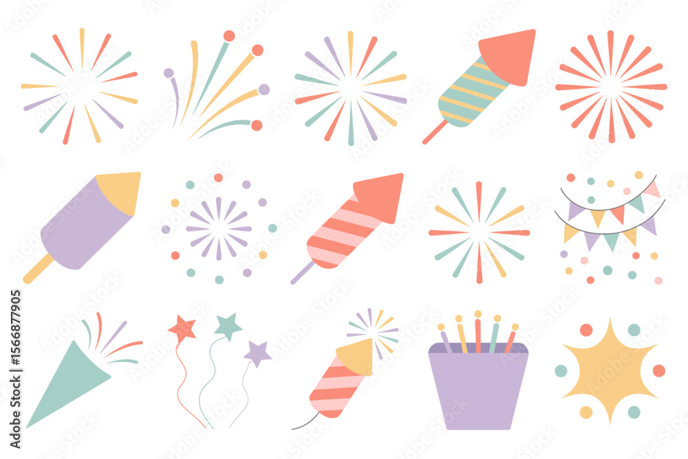 Obraz premium Colorful celebration icon set, party rockets, fireworks, hats, confetti, festive event elements, birthday design, modern illustration