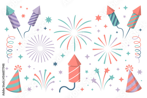 Firework and party hat frame, vibrant celebration border, festive event design, holiday invitation, colorful decorative illustration