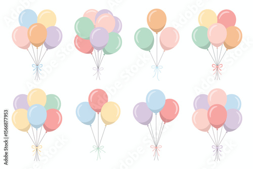 Pastel balloon bouquet illustration, floating party balloons, celebration decoration, festive event design, birthday background