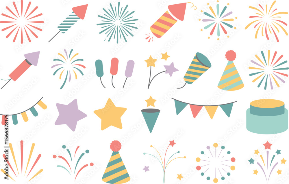 Fototapeta premium Party icon set with hats, fireworks, and stars, colorful celebration elements, festive vector, holiday event background, cheerful design