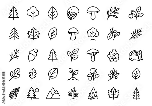 Unique Forest Icon Set Vector | Tree, Leaf, Acorn, Pinecone, Mushroom, Berry, Branch, Oak, Stump, Woodland, Nature, Ecology, Timber | Adjustable Line Weight, Outdoor
