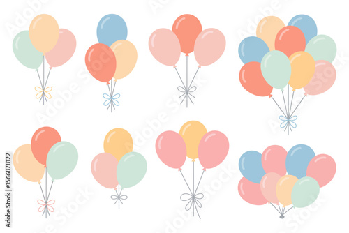 Cartoon pastel balloons illustration, festive party decoration, colorful celebration elements, birthday event design, cheerful art